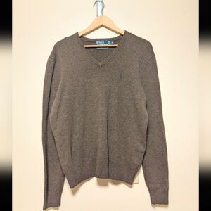 Polo Ralph Lauren Lambswool Sweater M Brown V Neck Classic Pony
